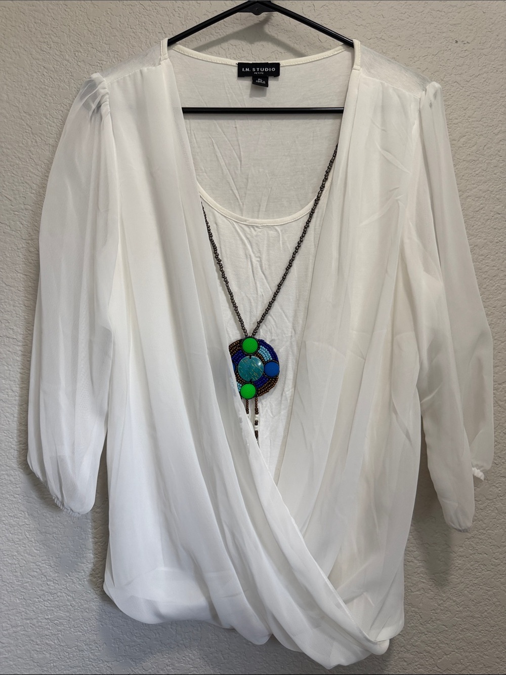 I.N. Studio White Draped Chiffon Wrap Blouse
